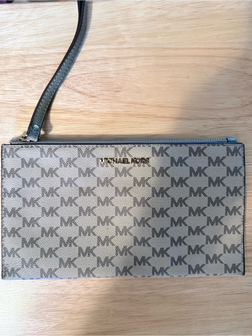 Michael Kors Beige & Green MK Logo Wristlet Clutch